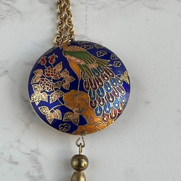 Cloisonné Peacock Pendant Necklace With Blue Tassel & 38" Gold Tone Chain - Picture 2 of 8